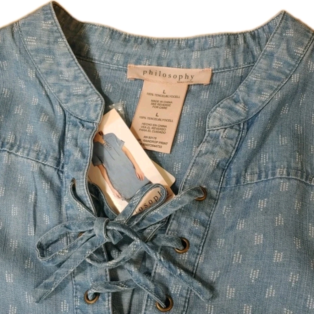 Philosophy Tunic Shirt Dress Woman Large Blue Raindrop Print Tencel Lace Up Nwt - Picture 11 of 14